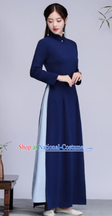 Asian Vietnam Traditional Navy Cheongsam Vietnamese Classical Aodai Qipao Dress for Women