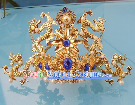 Chinese Traditional Goddess Hair Accessories Ancient Blue Crystal Phoenix Coronet for Women