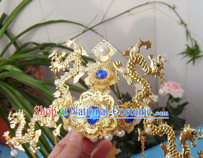 Chinese Traditional God of Wealth Hair Accessories Ancient Prince Golden Dragon Hairdo Crown for Men