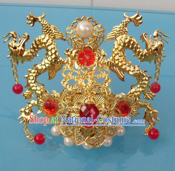 Chinese Traditional God of Wealth Hair Accessories Ancient Prince Red Crystal Dragon Hairdo Crown for Men