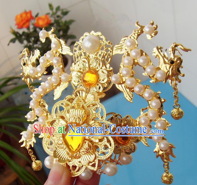 Chinese Traditional God of Wealth Hair Accessories Ancient Prince Yellow Crystal Dragon Hairdo Crown for Men