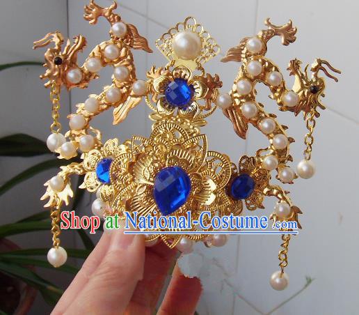 Chinese Traditional God of Wealth Hair Accessories Ancient Prince Blue Crystal Dragon Hairdo Crown for Men