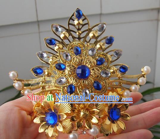 Chinese Traditional God of Wealth Hair Accessories Ancient Blue Crystal Hairdo Crown for Men