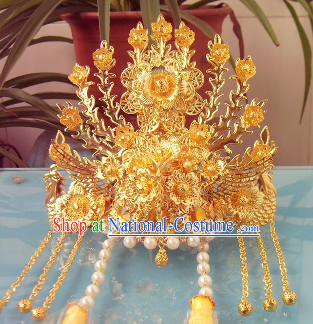 Chinese Traditional Goddess Golden Phoenix Coronet Hairpins Ancient Princess Hair Accessories for Women