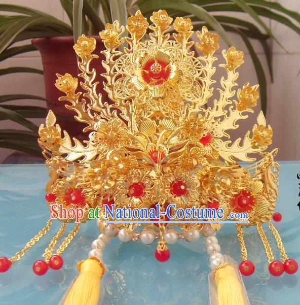 Chinese Traditional Goddess Golden Tassel Phoenix Coronet Hairpins Ancient Princess Hair Accessories for Women