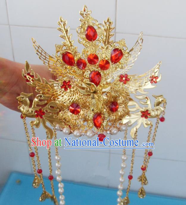 Chinese Traditional Goddess Red Crystal Phoenix Coronet Hairpins Ancient Princess Hair Accessories for Women