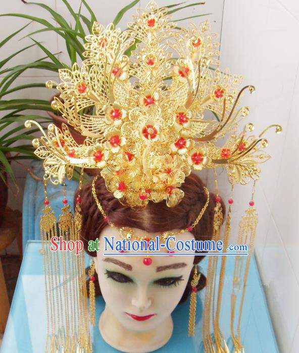 Chinese Traditional Goddess Red Flowers Phoenix Coronet Hairpins Ancient Princess Hair Accessories for Women