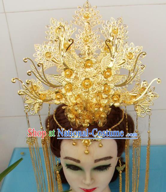 Chinese Traditional Goddess Golden Flowers Phoenix Coronet Hairpins Ancient Princess Hair Accessories for Women