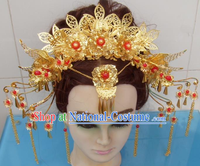 Chinese Traditional Goddess Hairpins Golden Phoenix Coronet Ancient Bride Hair Accessories for Women