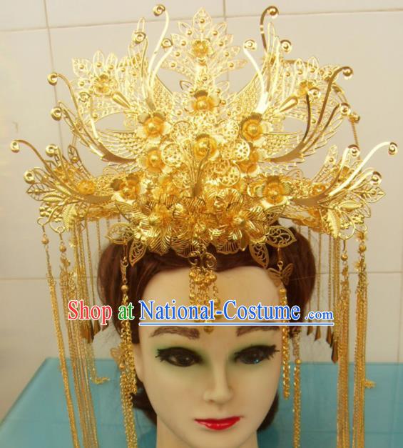 Chinese Traditional Goddess Hairpins Golden Phoenix Coronet Ancient Bride Hair Accessories for Women