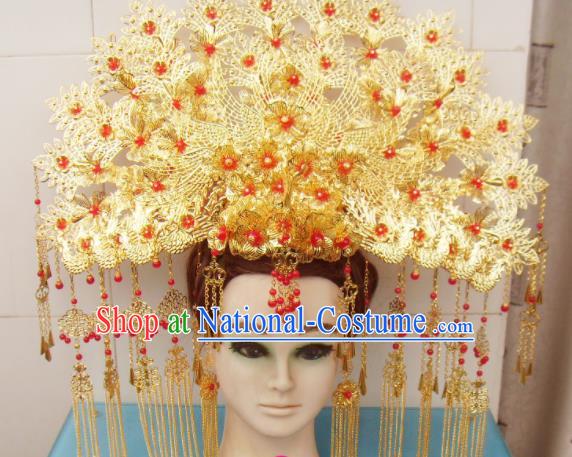 Chinese Traditional Goddess Hairpins Red Beads Tassel Phoenix Coronet Ancient Bride Hair Accessories for Women