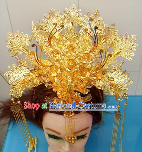 Chinese Traditional Goddess Golden Tassel Hairpins Phoenix Coronet Ancient Bride Hair Accessories for Women