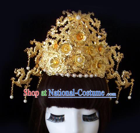 Chinese Traditional Goddess Hair Accessories Ancient Golden Phoenix Coronet for Women