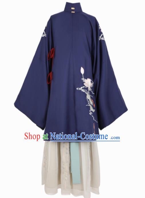 Chinese Traditional Navy Hanfu Dress Ancient Ming Dynasty Princess Embroidered Costume for Women