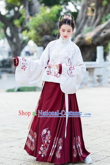 Chinese Traditional Wine Red Hanfu Dress Ancient Ming Dynasty Palace Princess Embroidered Costume for Women