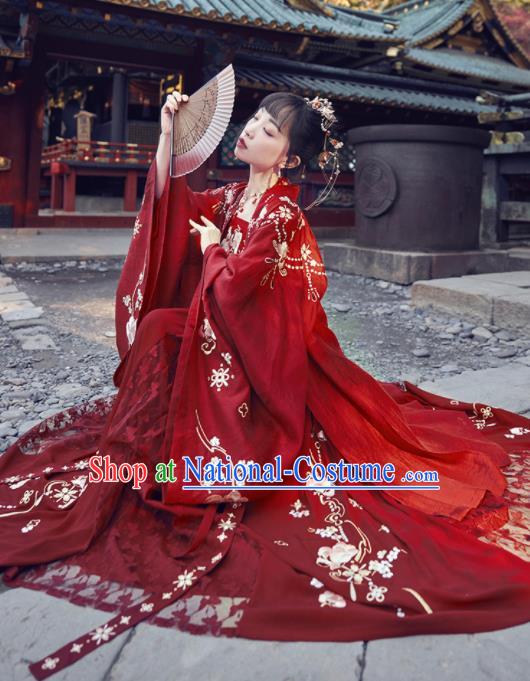 Chinese Traditional Tang Dynasty Wedding Red Hanfu Dress Ancient Court Princess Embroidered Costume for Women