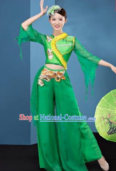 Chinese National Folk Dance Green Costume Traditional Yangko Dance Fan Dance Clothing for Women