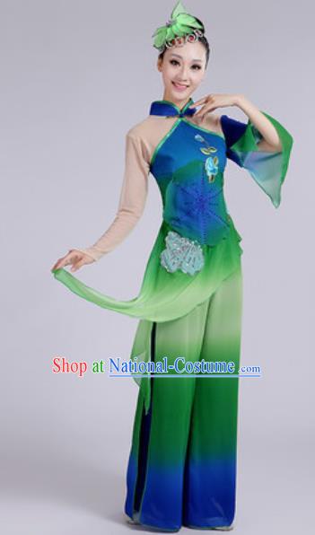 Chinese National Fan Dance Folk Dance Green Costume Traditional Yangko Dance Clothing for Women