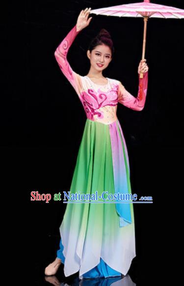 Chinese National Classical Dance Umbrella Dance Dress Traditional Lotus Dance Green Costume for Women