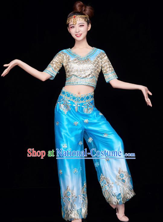 Chinese National Folk Dance Indian Dance Blue Costume Traditional Yangko Dance Fan Dance Clothing for Women