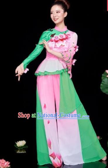 Chinese National Folk Dance Lotus Dance Pink Costume Traditional Yangko Dance Fan Dance Clothing for Women