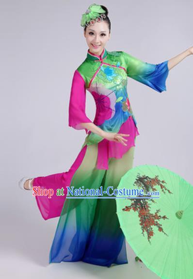 Chinese National Folk Dance Lotus Dance Green Costume Traditional Yangko Dance Fan Dance Clothing for Women