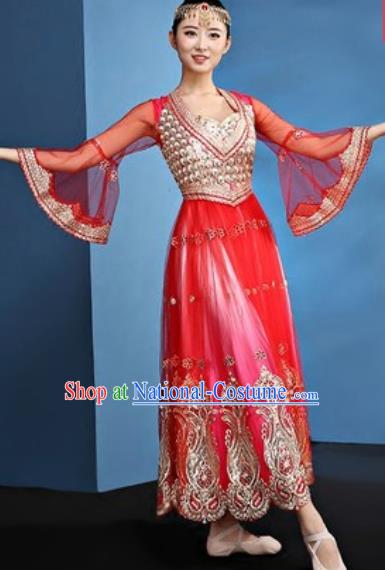 Chinese Traditional Ethnic Folk Dance Red Dress Uyghur Nationality Dance Costume for Women