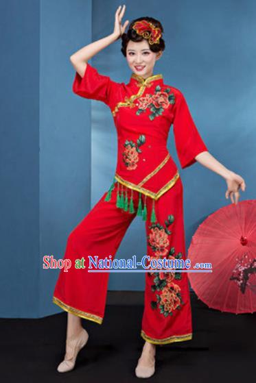 Chinese National Fan Dance Folk Dance Printing Peony Red Costume Traditional Yangko Dance Clothing for Women