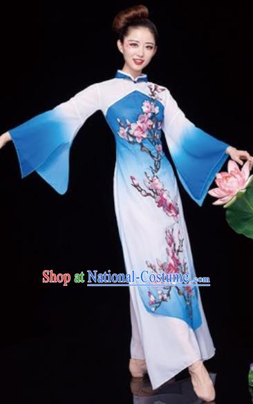 Chinese National Classical Dance Umbrella Dance Blue Dress Traditional Lotus Dance Costume for Women