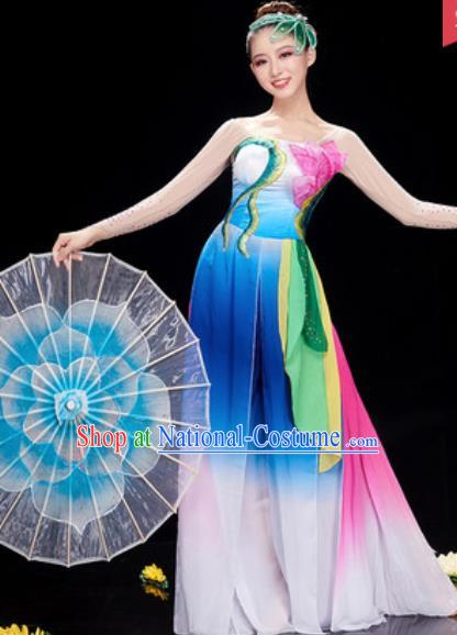 Chinese National Lotus Dance Umbrella Dance Blue Dress Traditional Classical Dance Costume for Women