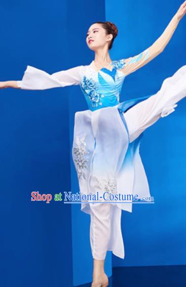 Chinese National Umbrella Dance Blue Dress Traditional Classical Dance Costume for Women