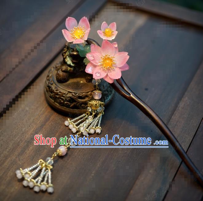 Chinese Traditional Hair Accessories Ancient Bride Lotus Wood Hairpins Handmade Tassel Step Shake Headwear for Women