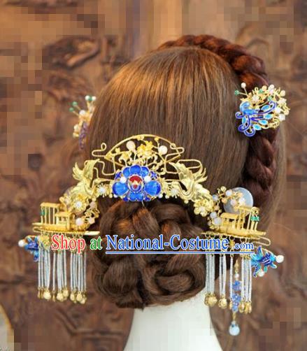 Chinese Traditional Handmade Blueing Hair Accessories Ancient Queen Luxury Hairpins Headwear Complete Set for Women