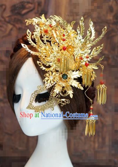 Chinese Traditional Handmade Hair Accessories Ancient Queen Golden Phoenix Hairpins Headwear for Women