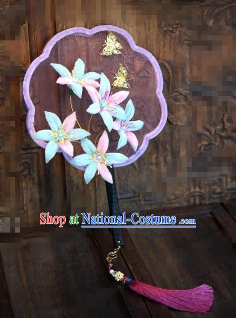 Chinese Traditional Palace Fans Ancient Queen Velvet Flowers Round Fans for Women