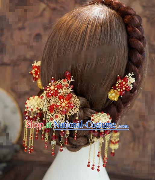 Chinese Traditional Hair Accessories Ancient Bride Red Beads Hairpins Handmade Tassel Step Shake Headwear for Women