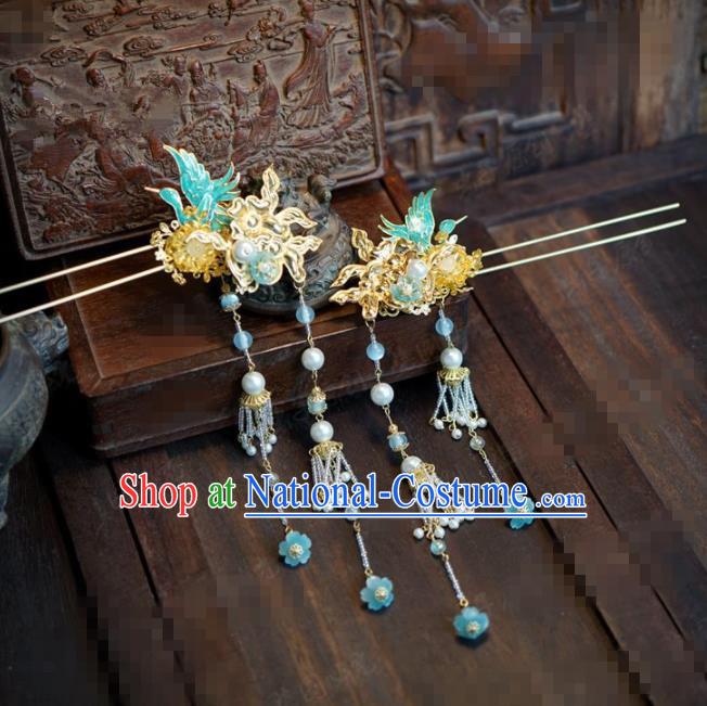 Chinese Traditional Hair Accessories Ancient Bride Crane Hairpins Handmade Tassel Step Shake Headwear for Women