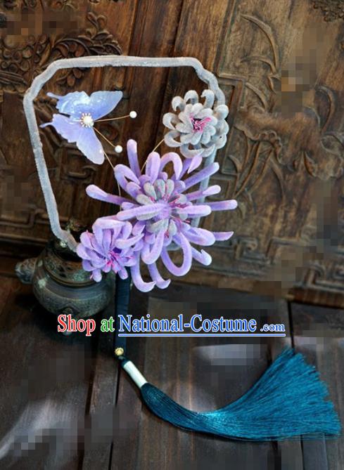 Chinese Traditional Palace Fans Ancient Queen Purple Velvet Chrysanthemum Round Fans for Women