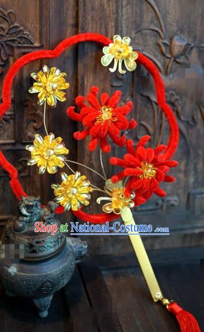 Chinese Traditional Wedding Palace Fans Ancient Queen Red Velvet Chrysanthemum Round Fans for Women