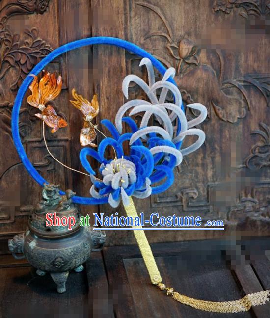 Chinese Traditional Wedding Palace Fans Ancient Queen Blue Velvet Chrysanthemum Round Fans for Women