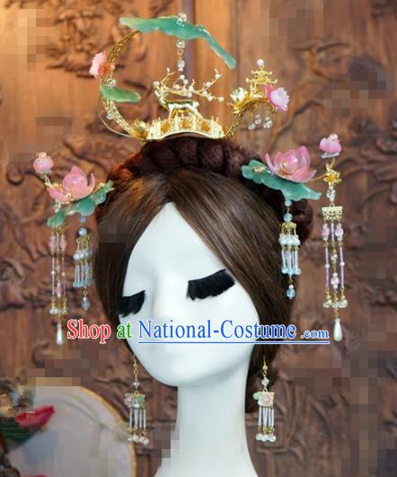 Chinese Traditional Handmade Lotus Leaf Phoenix Coronet Ancient Hairpins Hair Accessories Complete Set for Women