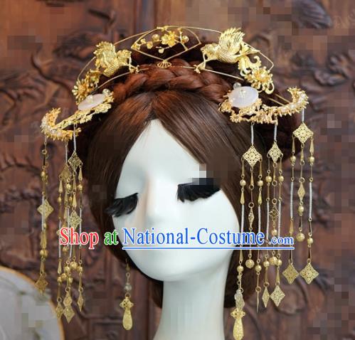 Chinese Traditional Handmade Golden Birds Phoenix Coronet Ancient Hairpins Hair Accessories Complete Set for Women