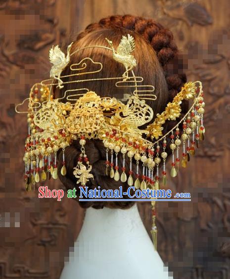 Chinese Traditional Hair Accessories Ancient Palace Golden Cranes Tassel Step Shake Bride Hairpins Headwear for Women