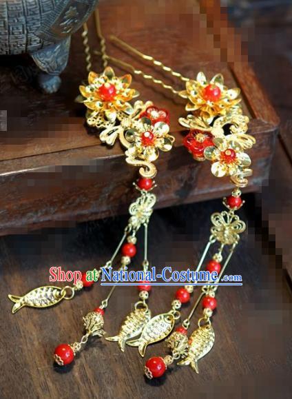 Chinese Traditional Hair Accessories Ancient Bride Golden Fishes Tassel Hairpins Headwear for Women