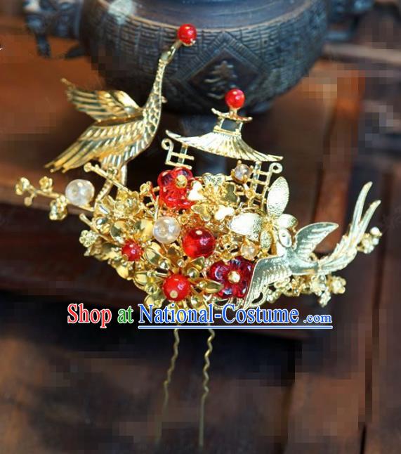 Chinese Traditional Hair Accessories Ancient Bride Golden Crane Hairpins Headwear for Women