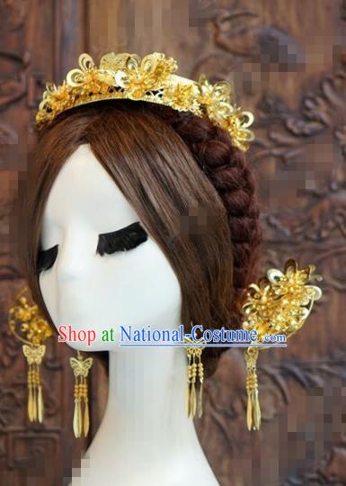 Chinese Traditional Handmade Golden Hair Crown Ancient Hairpins Hair Accessories Complete Set for Women