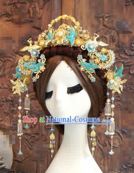 Chinese Traditional Handmade Blueing Cranes Phoenix Coronet Ancient Hairpins Hair Accessories Complete Set for Women