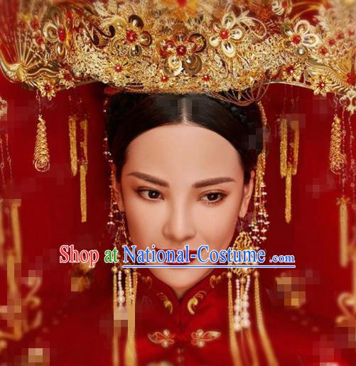 Chinese Traditional Handmade Luxury Golden Phoenix Coronet Ancient Wedding Hair Accessories Complete Set for Women