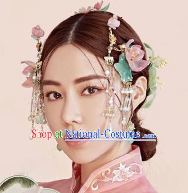 Chinese Traditional Palace Queen Hair Accessories Ancient Bride Pink Lotus Hairpins Headwear for Women