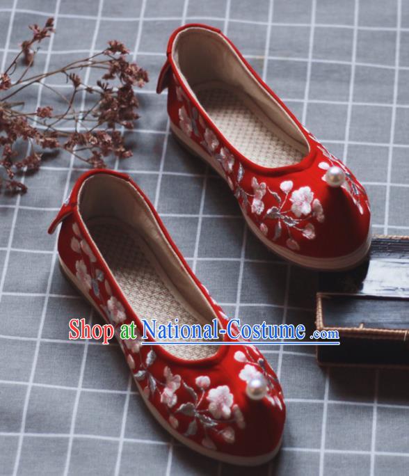 Asian Chinese Wedding Hanfu Shoes Traditional Ancient Princess Pearl Red Embroidered Shoes for Women